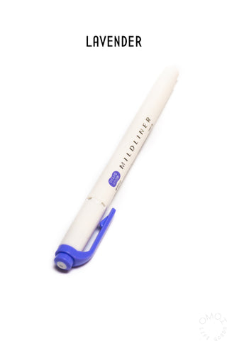Mildliner highlighter pen, lavender barrel with blue chisel tip.