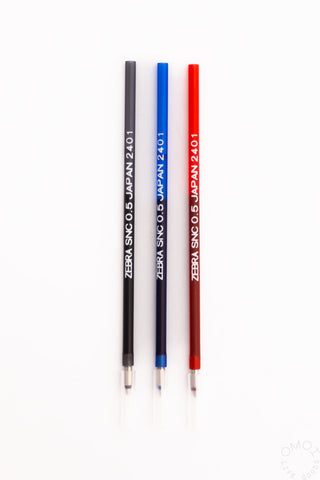 Zebra bLen multi-pen refill cartridges in black, blue, and red, 0.5 mm