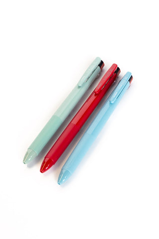 Three Zebra SARASA 3C gel multi pens in mist blue, red, and blue