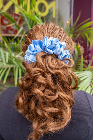 Satin ruffle medium scrunchie, light blue ruffle fabric