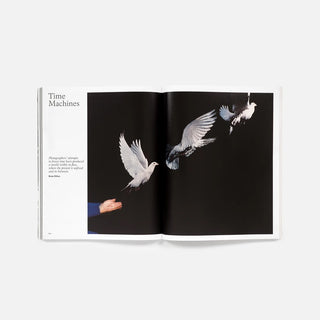 Open magazine spread with 'Time Machines' and white bird artwork