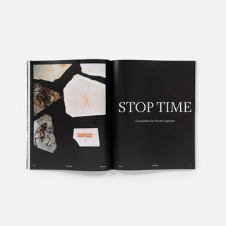 Open magazine spread with 'STOP TIME' title and abstract collage artwork