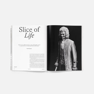 Open magazine spread with 'Slice of Life' title and black-and-white portrait