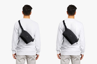 Black crossbody sling bag worn on the back with adjustable shoulder strap.