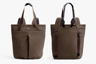 Two Bellroy tote bags side by side with top handles and front pocket panels
