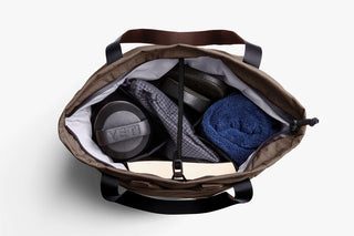 Bellroy tote bag viewed from above, showing zip pocket, mesh section, and straps