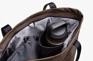 Bellroy tote bag interior with zip top and molded pocket for small bottles or gear