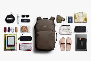 Bellroy Lite 30L travel pack backpack, brown, flat-lay with accessories