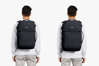 Bellroy Lite 30L travel pack backpack, black, rear view on person