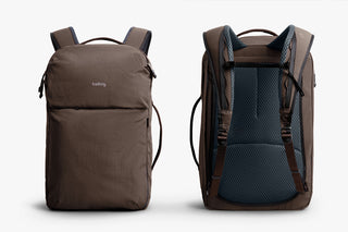 Bellroy Lite 30L travel pack backpack, brown; front and back views