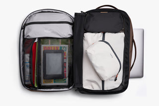 Bellroy travel backpack front split compartments with tech pouch and white packing panel