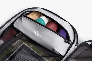 Bellroy travel backpack interior with padded organizer and mesh storage pocket
