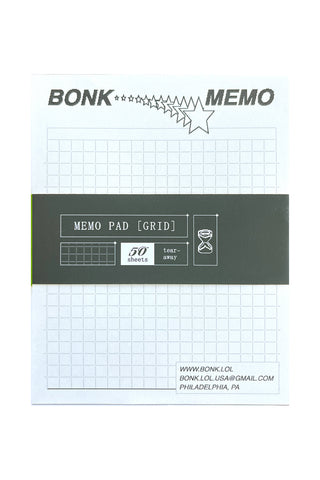 Grid memo pad backing with black label band showing MEMO PAD [GRID] and 50 sheets