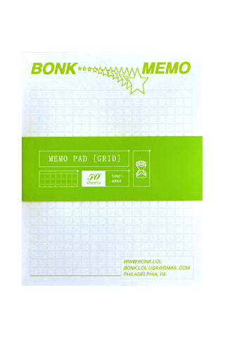 Grid memo pad design with BONK MEMO title and green label band reading MEMO PAD [GRID]