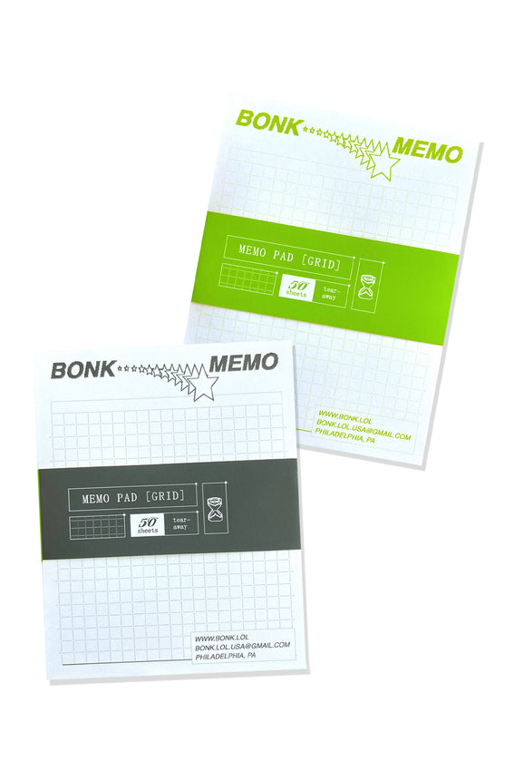 Set of grid memo pads: one with green band and one with black band, BONK MEMO style