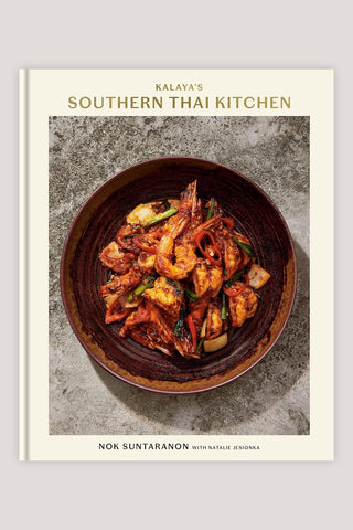 Southern Thai kitchen cookbook cover with dark bowl of shrimp dish