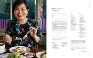Cookbook open spread featuring a smiling woman holding utensils and a Thai meal