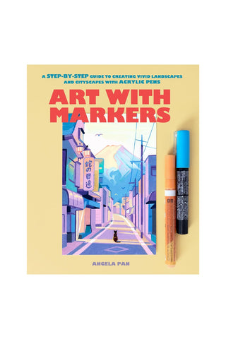 Instruction guide for marker art with city cover illustration and markers included