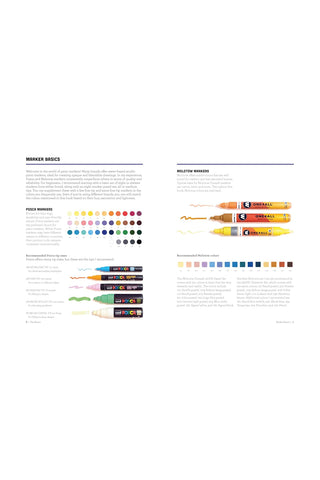 Open instruction pages with marker color charts and labeled swatch rows