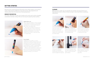 Open guide spread with marker preparation instructions and hands using markers