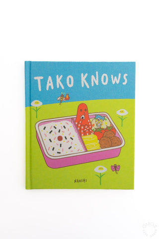 Children’s book cover, blue and green with title and lunchbox-style octopus food art