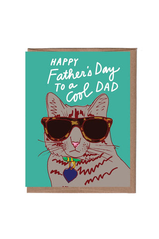 Father's Day card with sunglasses cat and text: Happy Father's Day to a Cool Dad