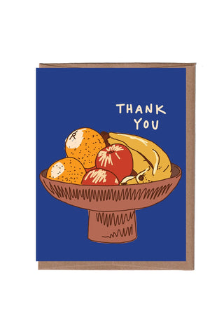 Fruit bowl thank-you card with blue cover, illustrated fruit bowl, text 'THANK YOU'.
