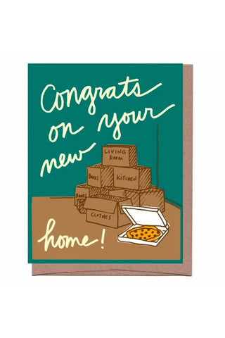 New home greeting card with teal message, boxes and pizza illustration