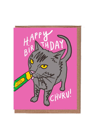 Birthday card with cartoon Churu cat and “Happy Birthday” lettering