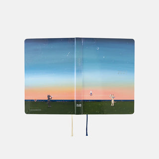 A6 planner open with blue sky artwork, 2027 print, and two bookmark strings
