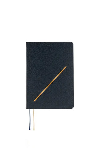 Hobonichi HON A6 slash planner, navy cover with gold diagonal stripe and two ribbon ties