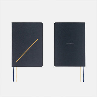 Hobonichi HON A6 slash planner set: navy front with gold stripe and navy back, ribbon ties
