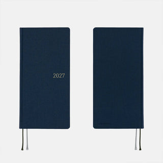 Two dark blue 2027 planner covers side view with “2027” text
