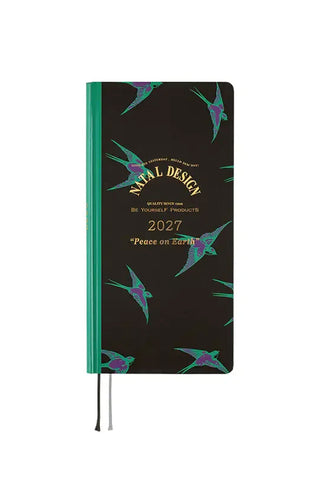 2027 weeks planner with dark bird print cover, teal spine, and hanging side tabs.