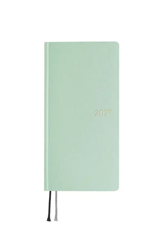 Mint jade 2027 planner cover with black elastic ties, closed front