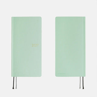 Jade green 2027 planner showing front and back covers with black ribbon ties