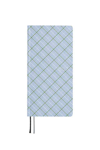 Plaid planner cover in blue and green with stitched border and two fabric ties