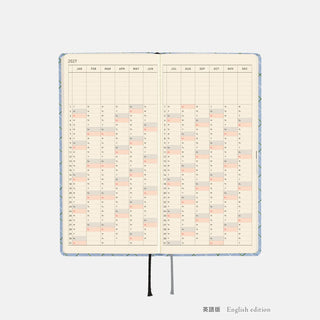 Open weekly planner spread with calendar grid and small colored status marks