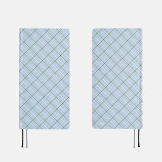 Pair of blue-green plaid planner covers shown side by side with two hanging ties
