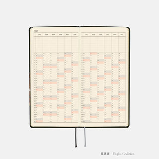 Open calendar planner pages for 2027 with monthly grids and color-coded event blocks, ties