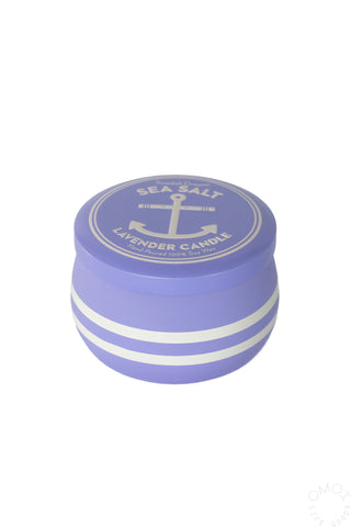 Lavender sea salt candle in purple striped tin with anchor logo lid