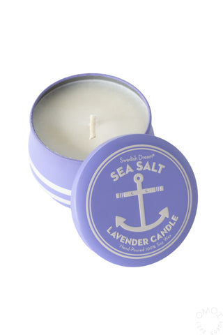 Lavender sea salt candle tins, open wax with wick and purple anchor logo lid