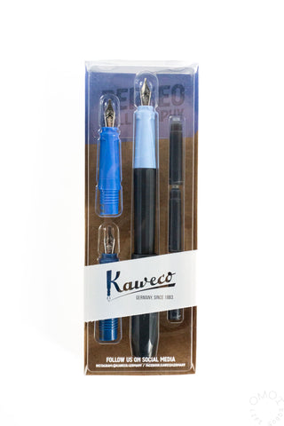 Blue calligraphy pen set in clear blister packaging with fountain pens and nibs
