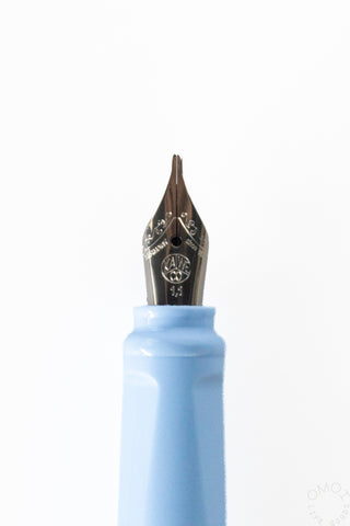 Close-up view of blue ink reservoir and metal calligraphy fountain pen nib