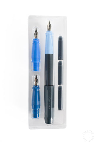 Blue and black calligraphy pen set with three pens and nibs in clear pack