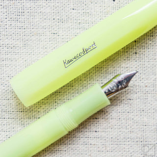 Kaweco Sport frosted fruit fountain pen, lime green body, medium nib close-up