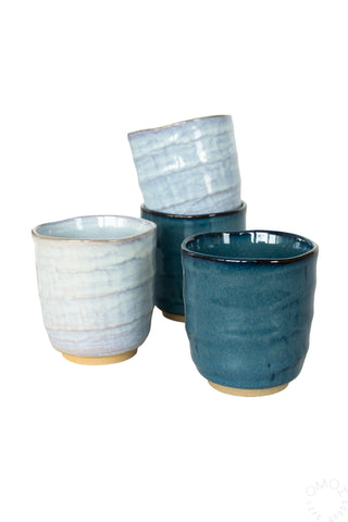 Set of Kinyou teacups: dark blue and light blue glazed ceramic cups