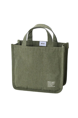 Olive green canvas tool tote with two top handles, reinforced sides, and front label patch.