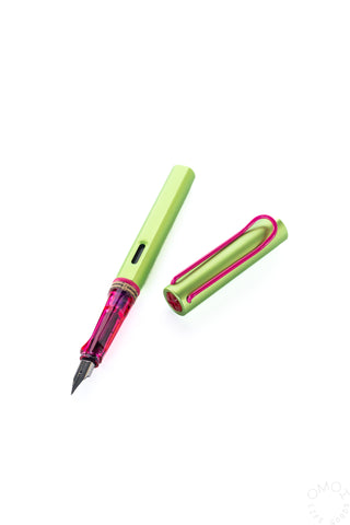 Lamy AL-Star Disco fountain pen with fine nib, lime green body and magenta cap