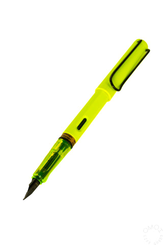 Neon yellow LAMY Safari fountain pen with fine nib and cap